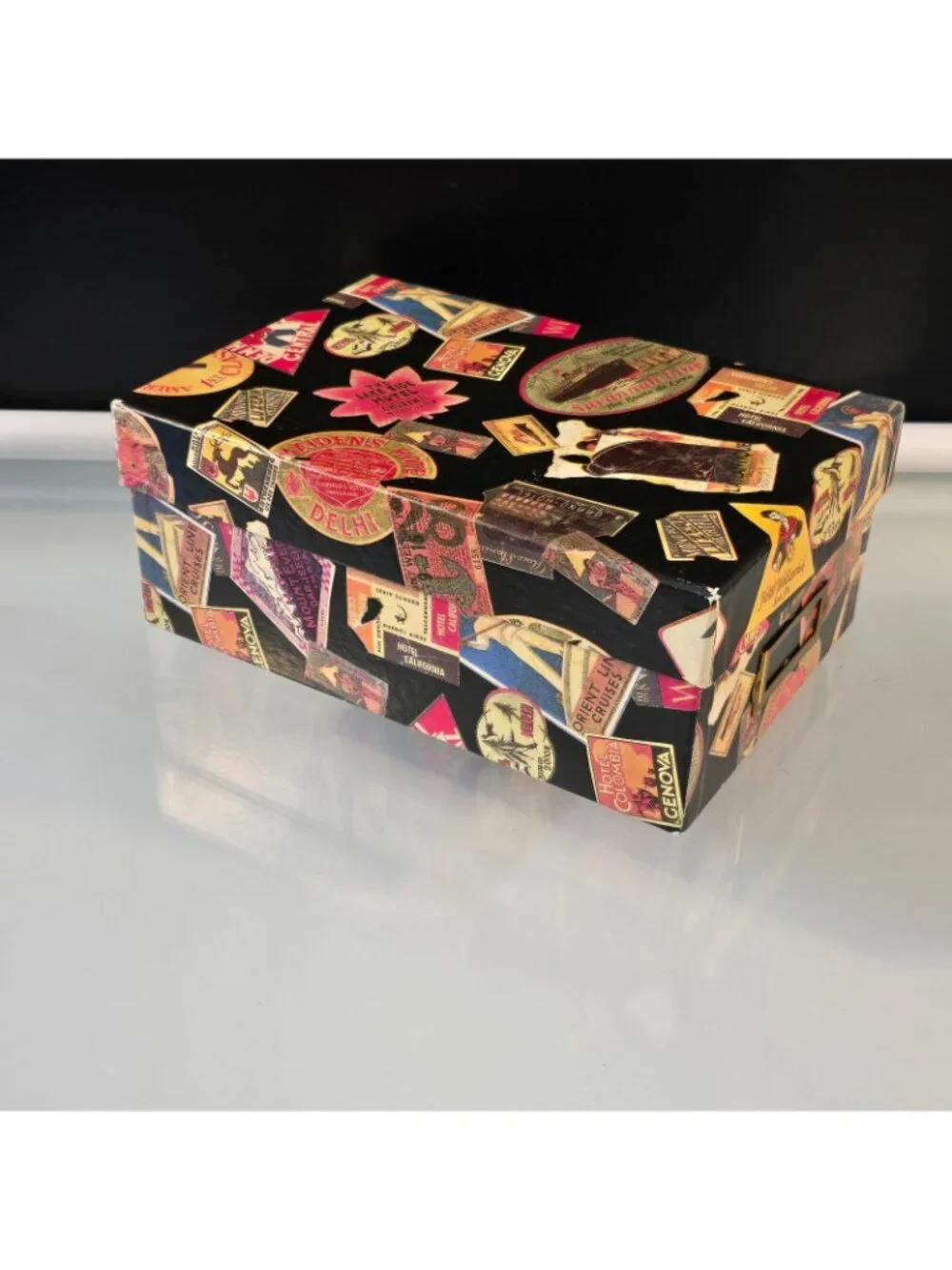 Decorative Storage Box Vintage Travel Labels Collage #1